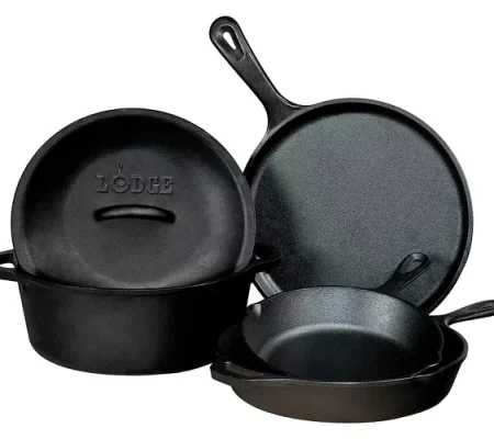 Five pieces of cast iron cookware